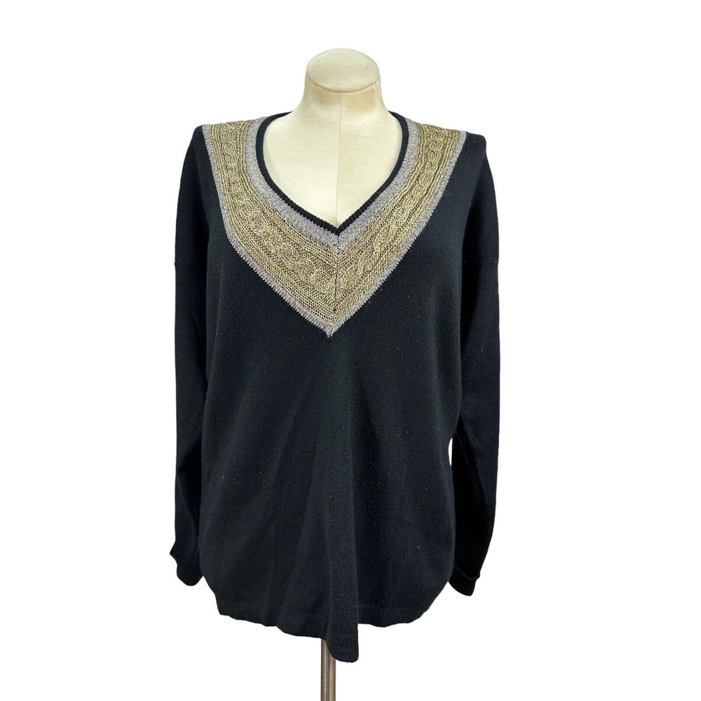 Women's Vtg M|L Pappagallo V Neck‎ Black Pullover Sweater Wool Blend Metallic